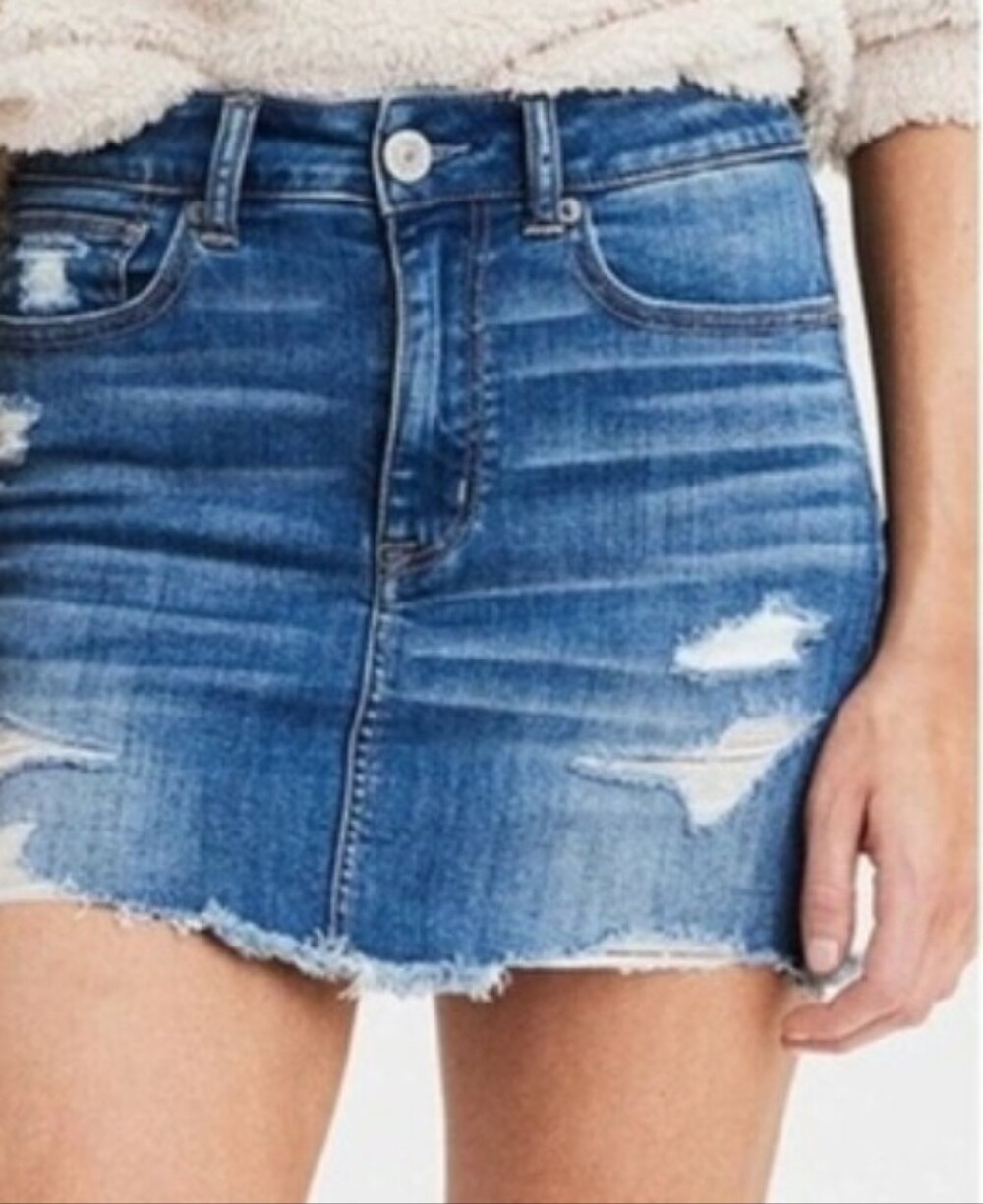 American Eagle Outfitters Distressed Dark Blue Denim Mini Skirt